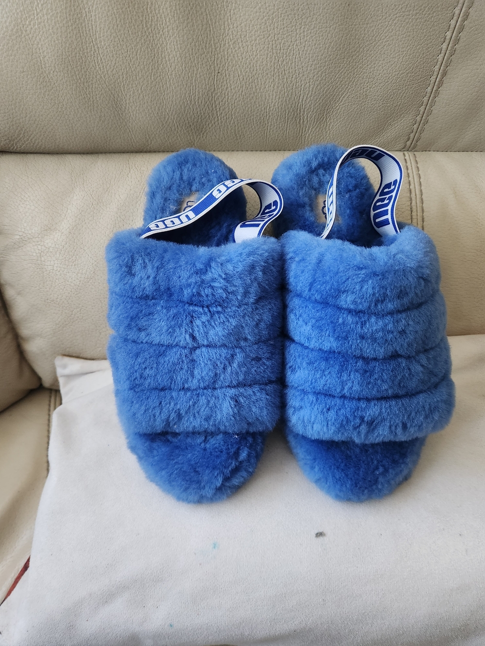 UGG Blue Furry Slide Slippers with Branded Back Strap